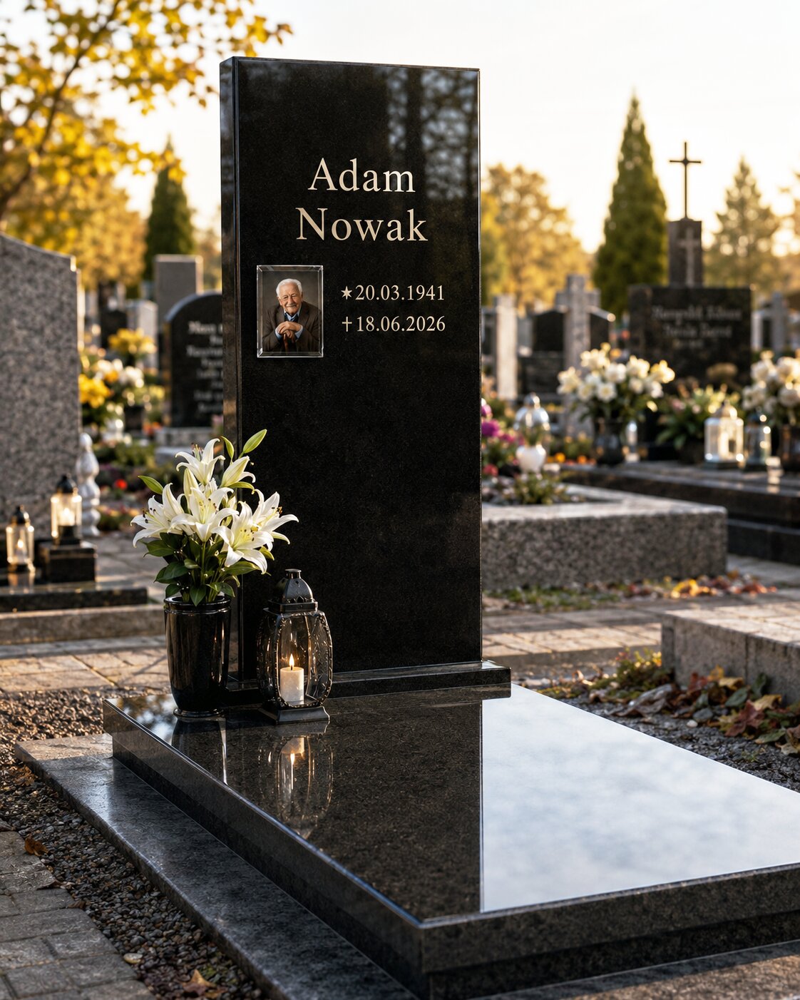 Fotokryształ z fazą na granitowym pomniku, zdjęcie w szkle