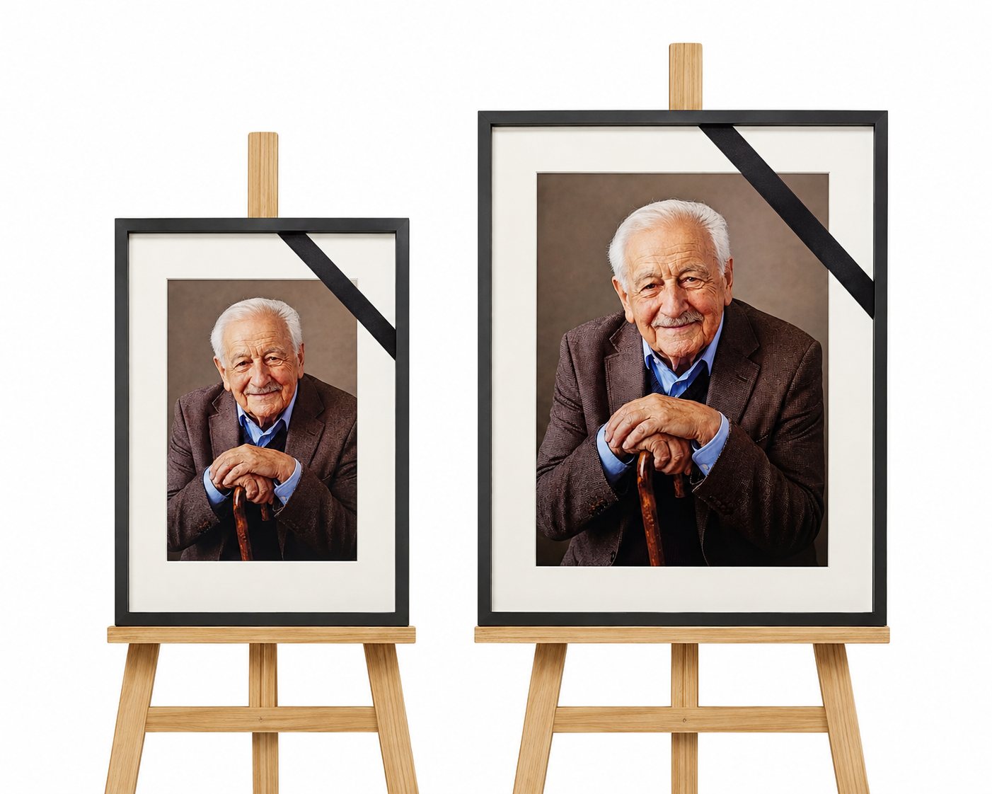 Portret pogrzebowy w rozmiarach 20x30 i 30x40 cm na sztalugach, porównanie wielkości