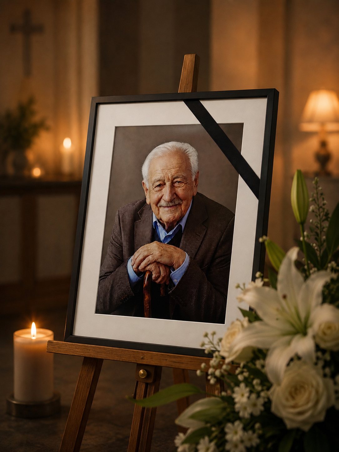 Portret pogrzebowy na sztaludze w kaplicy, przy świecach i białych liliach