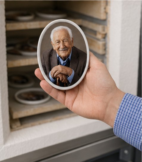 Fotoporcelana wykonana z tego samego portretu, zdjęcie na pomnik po pogrzebie