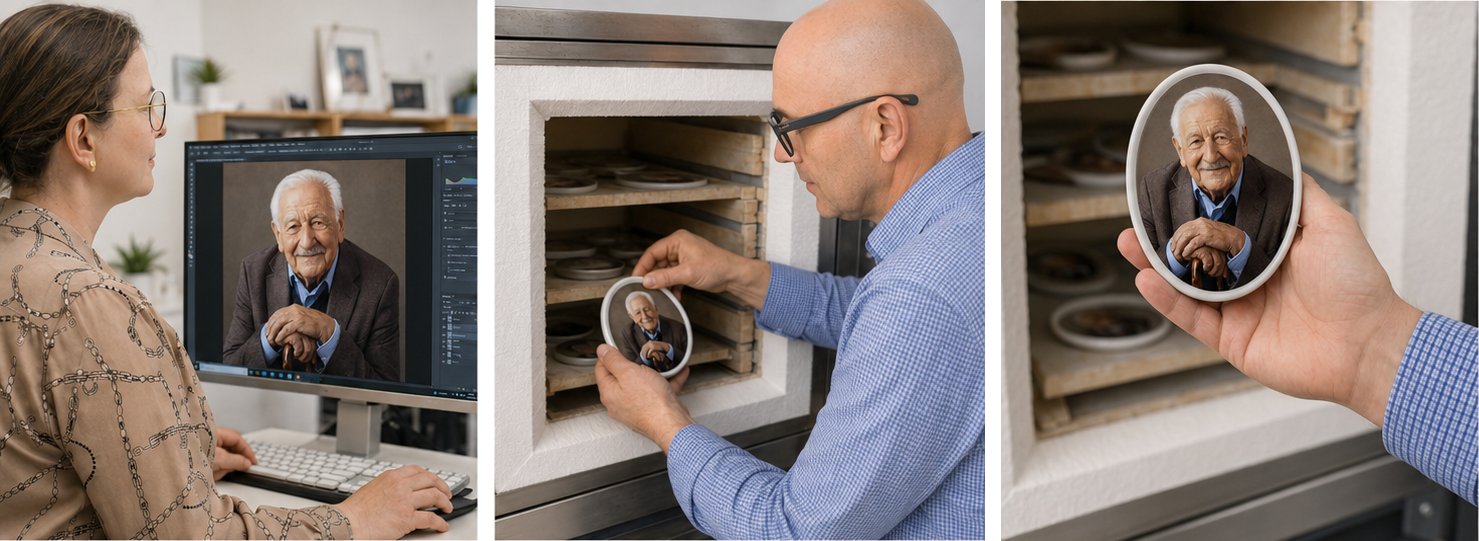 Jak powstaje zdjęcie na pomnik: ręczny retusz, wypalanie w piecu i gotowa fotoporcelana